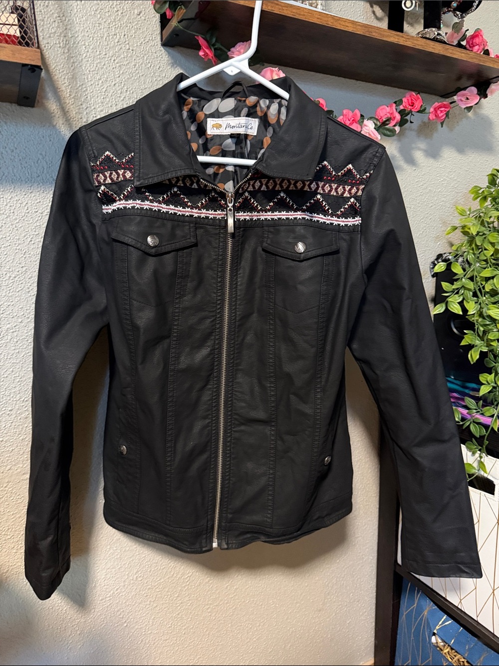 Monteau Black Faux Leather Jacket with Embroidered Yoke Detail